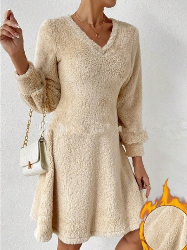 Casual Patchwork V Neck Long Sleeve Mini Dress - Image 1