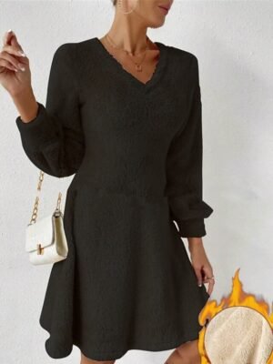 Casual Patchwork V Neck Long Sleeve Mini Dress - Image 3