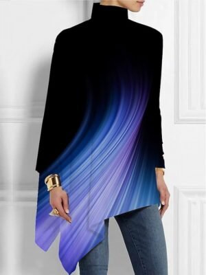 Casual Plus Size Basic Print Turtleneck Long Sleeve Regular Top - Image 1