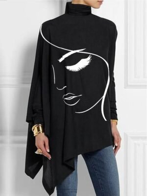 Casual Plus Size Basic Print Turtleneck Long Sleeve Regular Top - Image 3