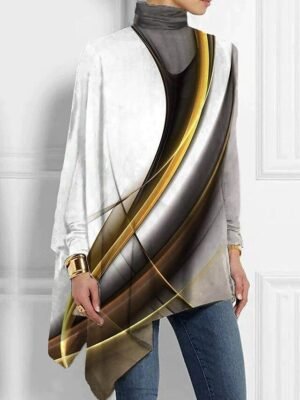 Casual Plus Size Basic Print Turtleneck Long Sleeve Regular Top - Image 5