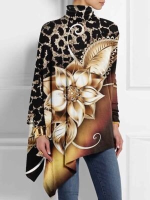 Casual Plus Size Basic Print Turtleneck Long Sleeve Regular Top - Image 6