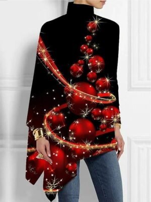 Casual Plus Size Basic Print Turtleneck Long Sleeve Regular Top - Image 7