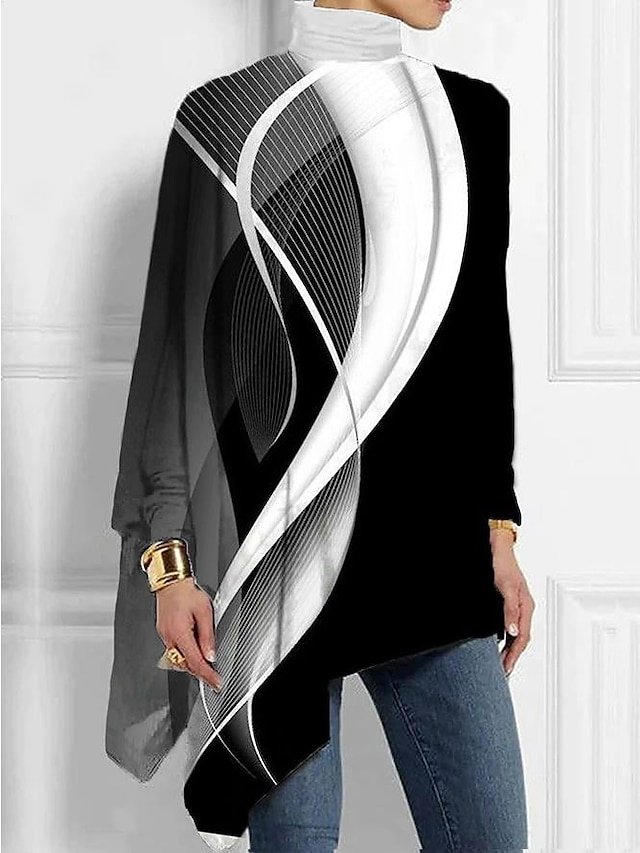 Casual Plus Size Butterfly Print Turtleneck Long Sleeve Regular Top - Image 1