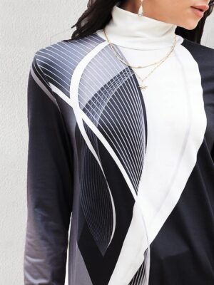 Casual Plus Size Butterfly Print Turtleneck Long Sleeve Regular Top - Image 3