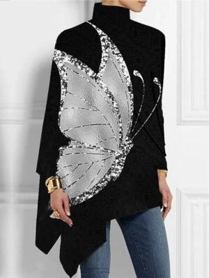 Casual Plus Size Butterfly Print Turtleneck Long Sleeve Regular Top - Image 4