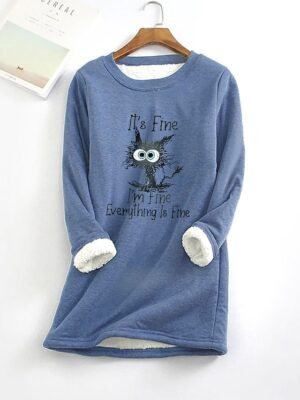 Casual Plus Size Cat Print Round Neck Long Sleeve Fleece Lined Hoodie - Image 1