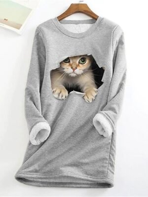 Casual Plus Size Cat Print Round Neck Long Sleeve Teddy Sherpa Fleece Pullover - Image 11