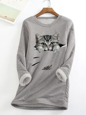 Casual Plus Size Cat Print Round Neck Long Sleeve Teddy Sherpa Fleece Pullover - Image 12