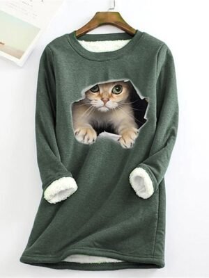 Casual Plus Size Cat Print Round Neck Long Sleeve Teddy Sherpa Fleece Pullover - Image 13
