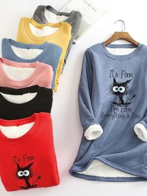 Casual Plus Size Cat Print Round Neck Long Sleeve Fleece Lined Hoodie - Image 2