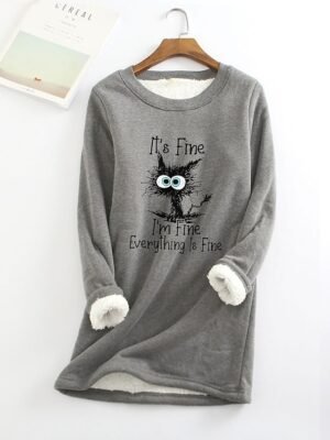 Casual Plus Size Cat Print Round Neck Long Sleeve Fleece Lined Hoodie - Image 3