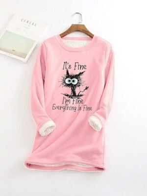 Casual Plus Size Cat Print Round Neck Long Sleeve Fleece Lined Hoodie - Image 5