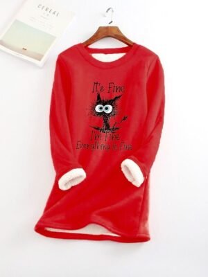 Casual Plus Size Cat Print Round Neck Long Sleeve Fleece Lined Hoodie - Image 6