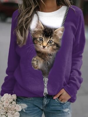 Casual Plus Size Cat Round Neck Long Sleeve Sweatshirt - Image 6