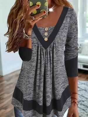 Casual Plus Size Colour Block V Neck Long Sleeve Tunic Top - Image 1