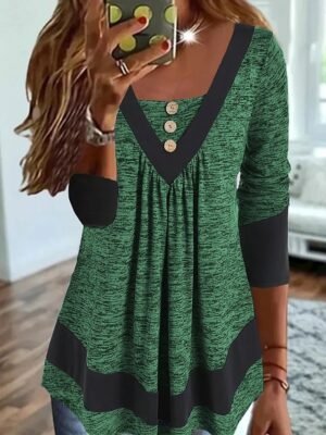 Casual Plus Size Colour Block V Neck Long Sleeve Tunic Top - Image 2