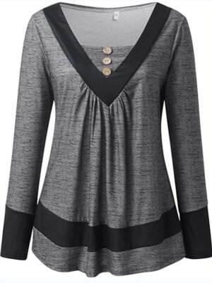 Casual Plus Size Colour Block V Neck Long Sleeve Tunic Top - Image 3