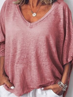 Casual Plus Size Plain V Neck Short Sleeve T-Shirt - Image 1