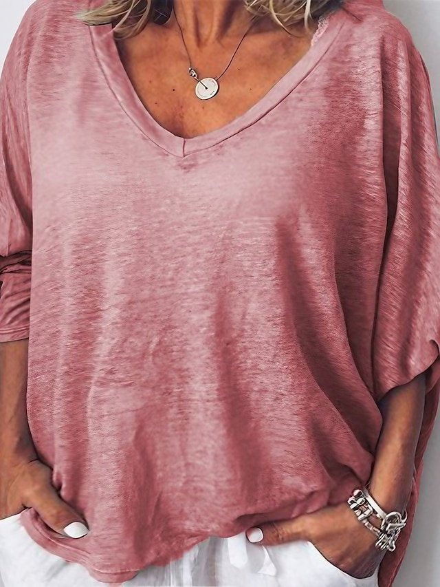 Casual Plus Size Plain V Neck Short Sleeve T-Shirt - Image 1