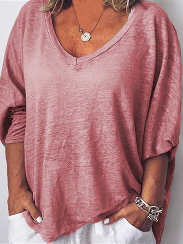 Casual Plus Size Plain V Neck Short Sleeve T-Shirt - Image 2