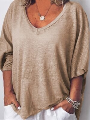 Casual Plus Size Plain V Neck Short Sleeve T-Shirt - Image 3