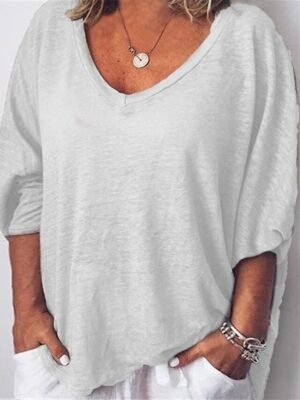 Casual Plus Size Plain V Neck Short Sleeve T-Shirt - Image 4