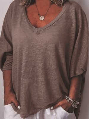 Casual Plus Size Plain V Neck Short Sleeve T-Shirt - Image 5