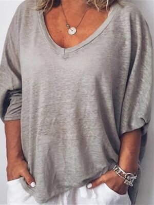Casual Plus Size Plain V Neck Short Sleeve T-Shirt - Image 6