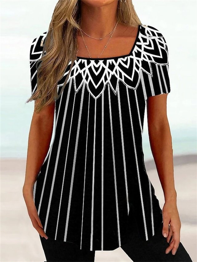 Casual Plus Size Striped Square Neck Short Sleeve Regular Tunic - Image 1