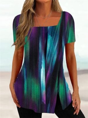 Casual Plus Size Striped Square Neck Short Sleeve Regular Tunic - Image 3