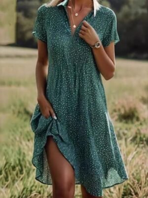 Casual Polka Dot Shirt Collar Short Sleeve Mini Dress - Image 1