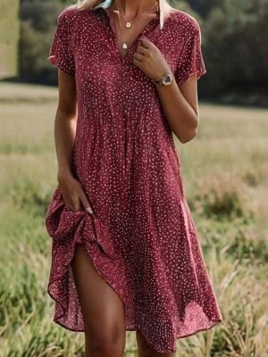 Casual Polka Dot Shirt Collar Short Sleeve Mini Dress - Image 2