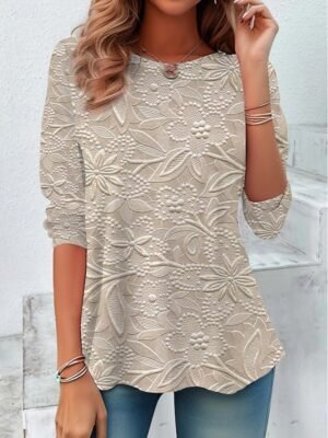 Casual Regular 3D Floral Crew Neck Long Sleeve Tunic Top - Image 1
