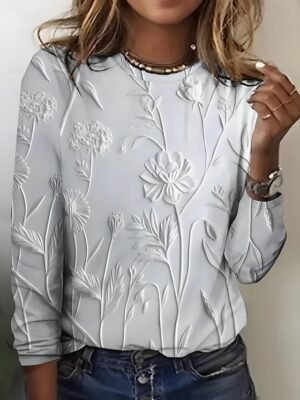 Casual Regular 3D Floral Crew Neck Long Sleeve Tops - Image 18