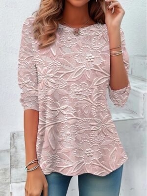 Casual Regular 3D Floral Crew Neck Long Sleeve Tunic Top - Image 5