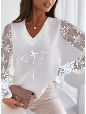 Casual Regular Animal V Neck Long Sleeve T-Shirt - Image 1