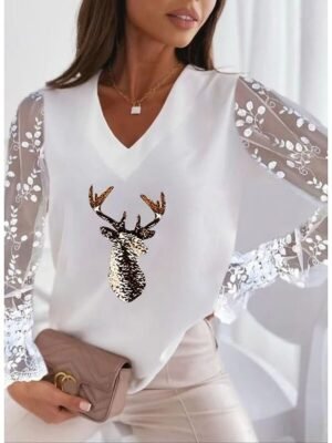 Casual Regular Animal V Neck Long Sleeve T-Shirt - Image 6