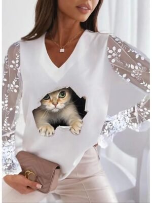 Casual Regular Animal V Neck Long Sleeve T-Shirt - Image 7