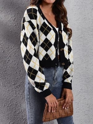Casual Regular Argyle V Neck Long Sleeve Crop Knit Top - Image 3