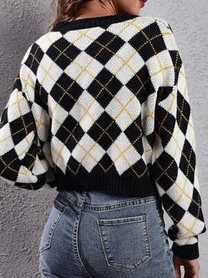 Casual Regular Argyle V Neck Long Sleeve Crop Knit Top - Image 4