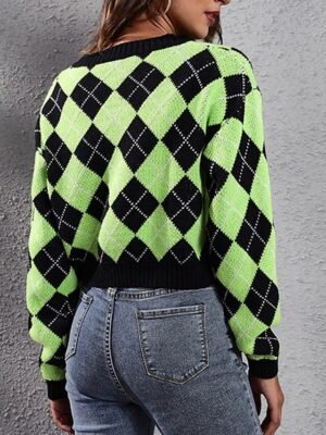 Casual Regular Argyle V Neck Long Sleeve Cardigan - Image 5