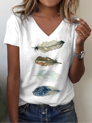 Casual Regular Basic Print V Neck Short Sleeve Top - Image 1
