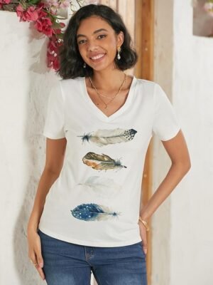 Casual Regular Basic Print V Neck Short Sleeve Top - Image 4