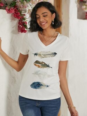 Casual Regular Basic Print V Neck Short Sleeve Top - Image 5