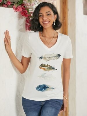 Casual Regular Basic Print V Neck Short Sleeve Top - Image 6