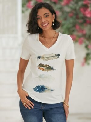Casual Regular Basic Print V Neck Short Sleeve Top - Image 7
