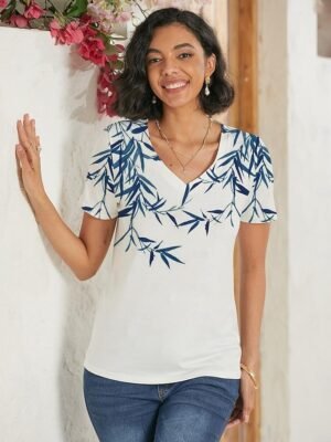 Casual Regular Basic Print V Neck Short Sleeve Top - Image 8