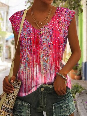 Casual Regular Basic Print V Neck Sleeveless Tank Top - Image 1