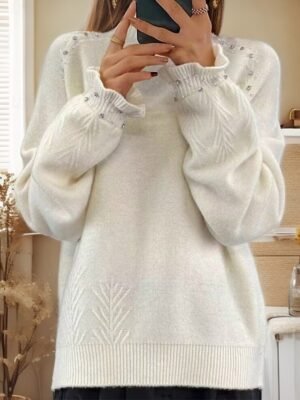 Casual Regular Beaded Turtleneck Long Sleeve Regular Top - Image 2